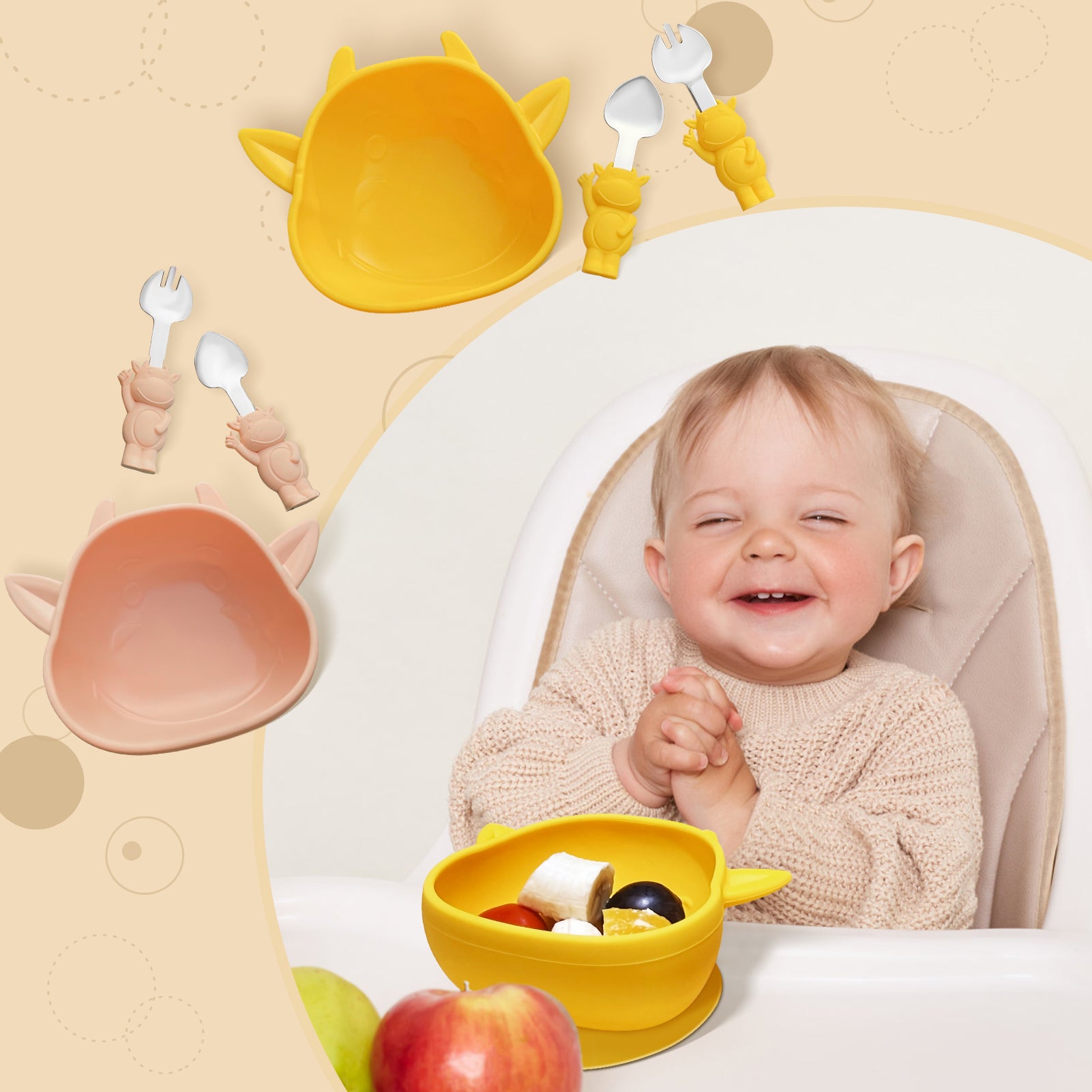 Baby Feeding Set | Baby Led Weaning Utensils Set Includes Suction Bowl and  Plate, Sippy Cup with Straw and Lid | Baby Feeding Supplies Set COW BOWL